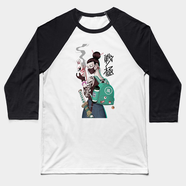 Japanese Fox Mask Girl Urban Style Baseball T-Shirt by OWLvision33